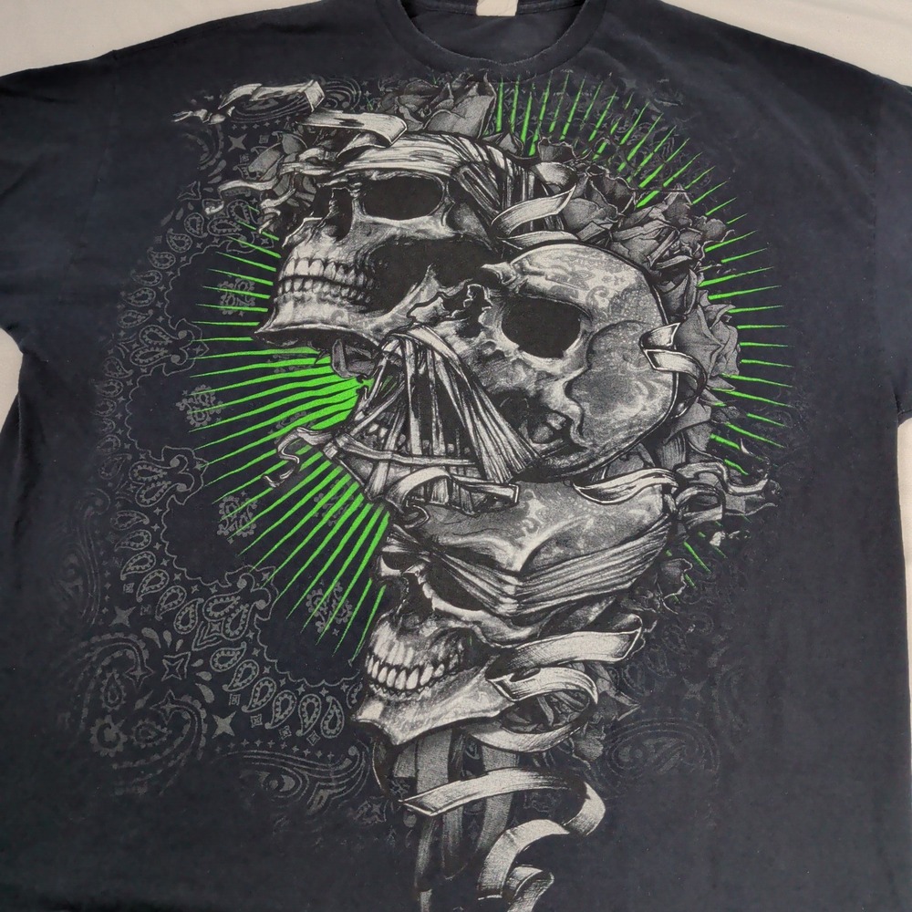 Vintage Y2K Goth Skull Graphic T-Shirt Black Neon Green Biker 2XL Hear Speak See
